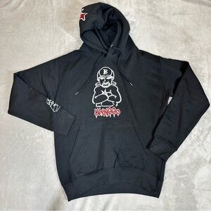 Y2K Streetwear Graphic Hoodie - Red Glitter Drip UKNOOO Black Pullover - Size M